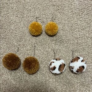 Pom Pom Earrings Set - Gold, Brown, and White